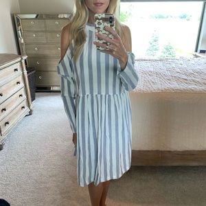 White and blue striped cold shoulder dress